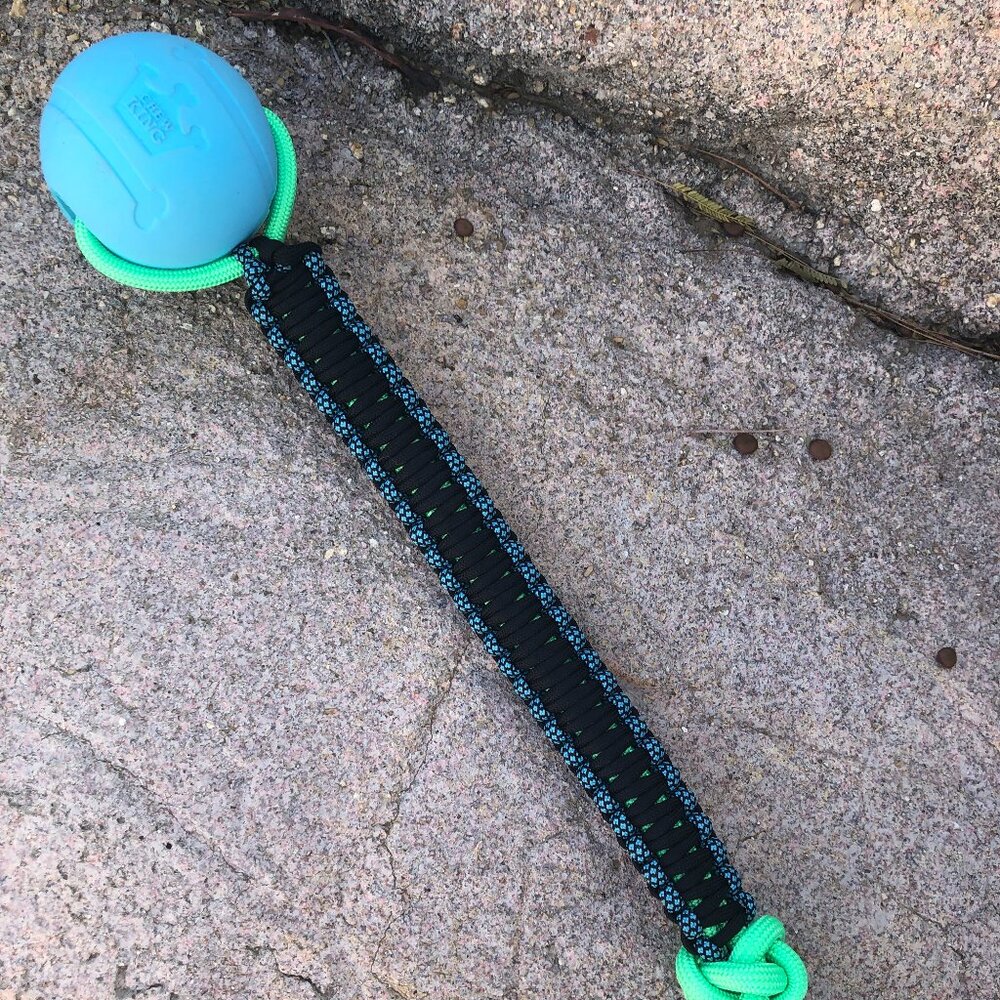 Dog Training Ball w/ Black Paracord Handle Fetch & Reward Toy 2.5" Ball 12" Rope